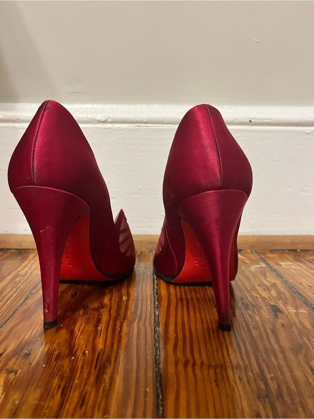Christian Louboutin Burgundy Satin Peep-Toe Heels - Picture 5 of 6